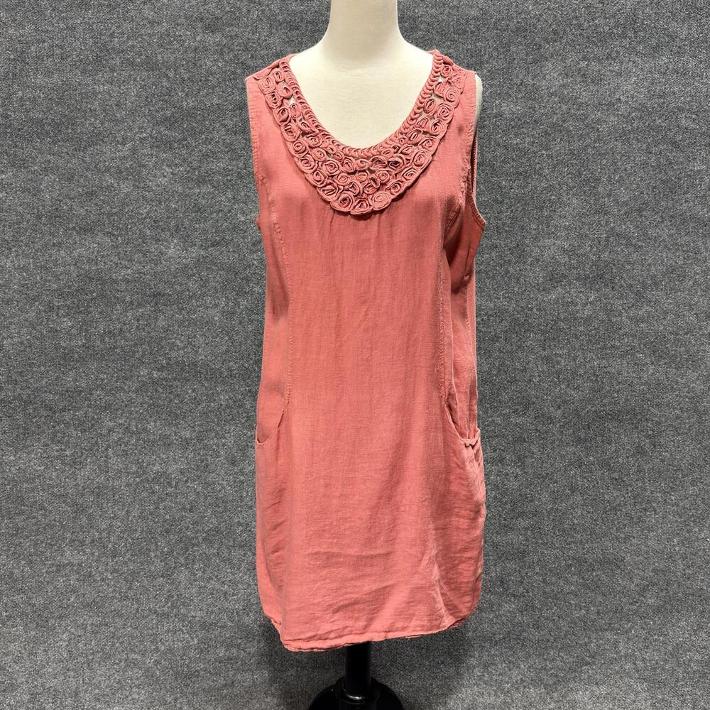 Linen Shift Dress Womens L Pink Scoop Neck Sleeveless Pockets Italy Knee Length